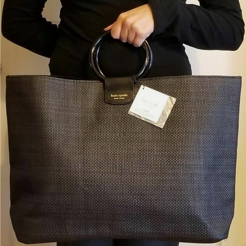 kate spade black woven tote with circular handles